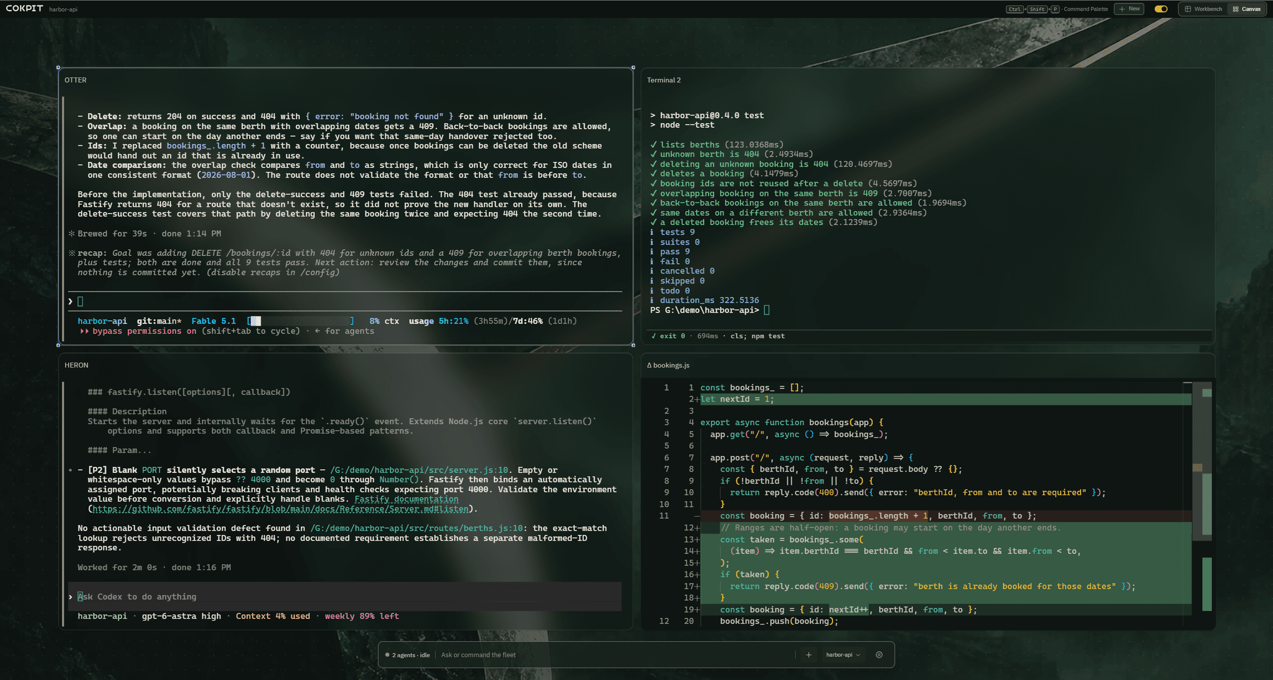 Cokpit canvas with a Claude Code pane, a shell, a Codex pane and a live diff
