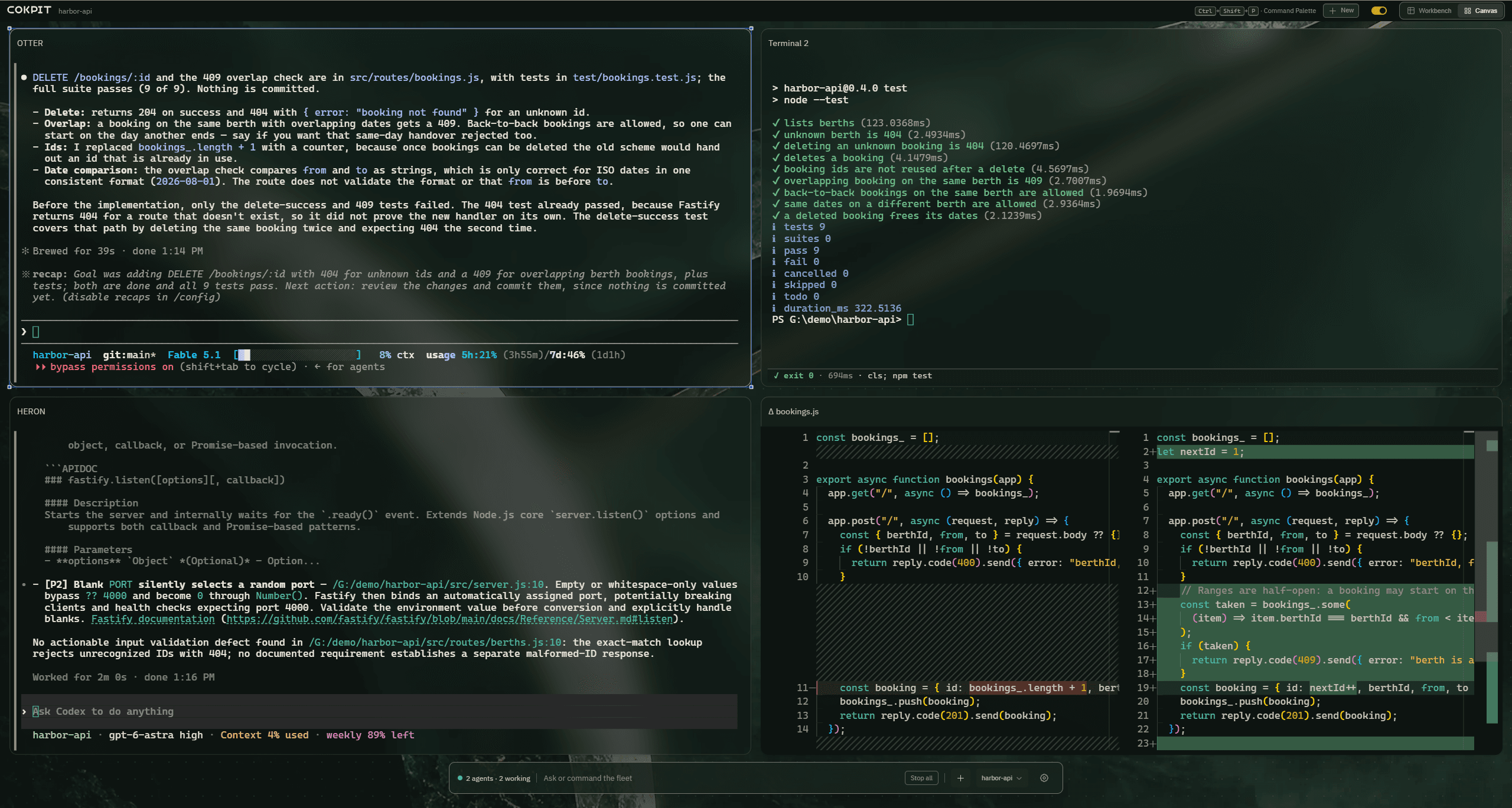 A Claude Code pane, a shell, a Codex pane and a side-by-side diff tiled on the Cokpit canvas