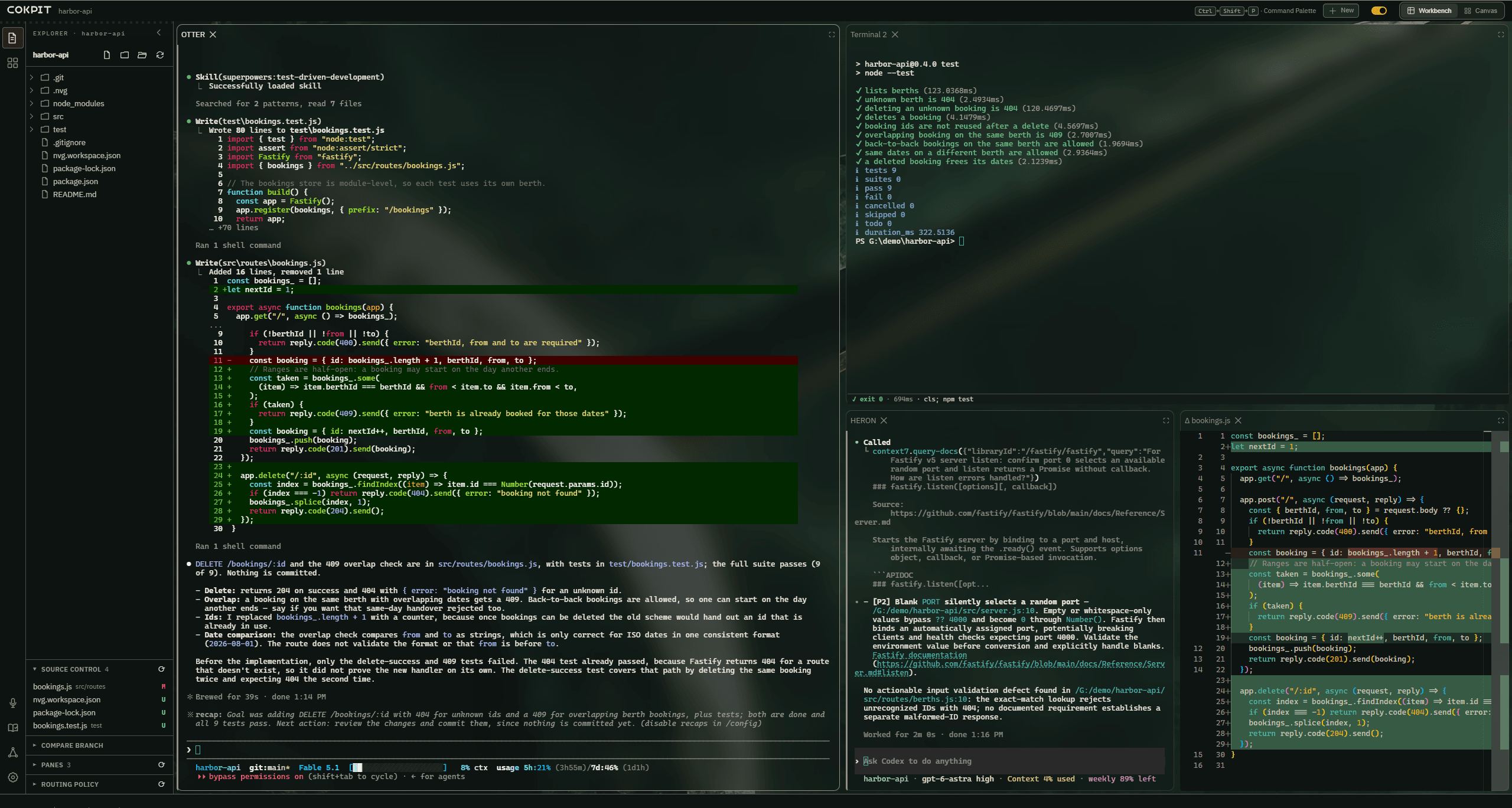 Cokpit workbench with the file explorer, source control, a Claude Code session, a shell, a Codex session and a live diff